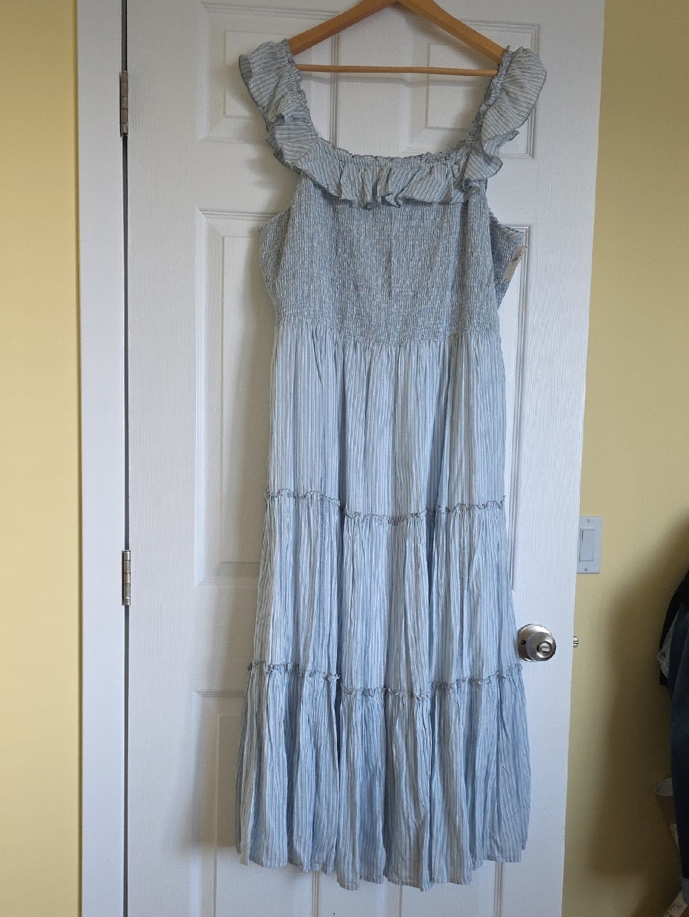 Old Navy Light Blue Striped Ruffle-Shoulder Maxi Dress